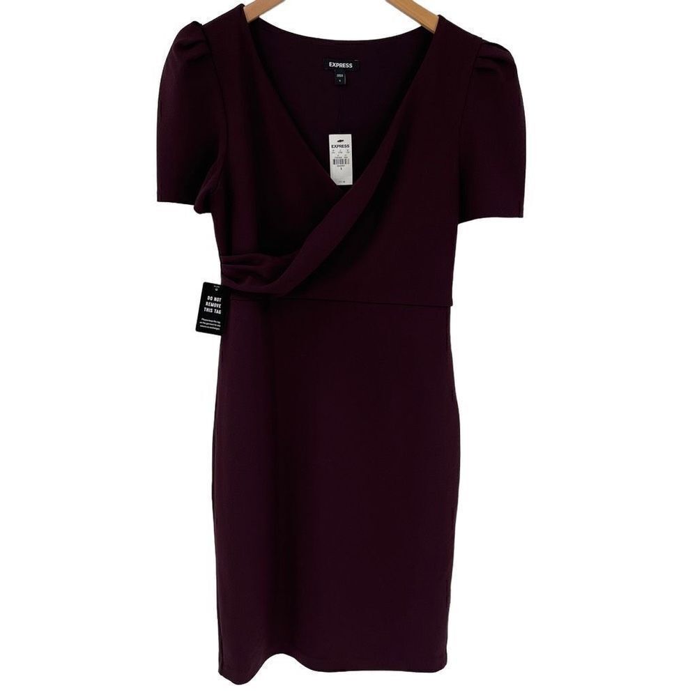 Express Short Puff Sleeve V-Neck Sheath Dress Knee Length Women‎ Small Wine NWT